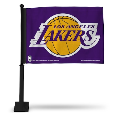 Rico Industries NBA Los Angeles Lakers Black Pole Car Flag W Black Pole Double Sided Car Flag  16 x 19  Strong Pole That Hooks onto CarTruckAutomobile