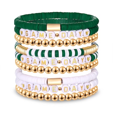 NLCAC 9 Pack Game Day Bracelets Stackable Heishi Beaded Stretchy Bracelet Preppy Jewelry Baseball Football Team Bracelets Sports Fan Accessories Gifts
