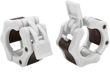 AbraFit 2 Olympic Barbell Clamps  Solid ABS Locking Barbell Collars with Quick Release  for Professional Training Strong Lifts and Olympic Training Set of 2 White