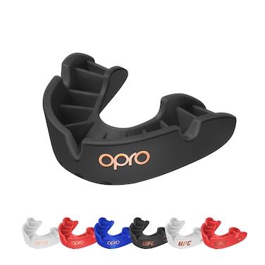OPRO Bronze Level Adult and Kids Sports Mouthguard with Case and Fitting Device Gum Shield for Hockey Lacrosse Rugby MMA Boxing and Other Contact and Combat Sports Black Adult