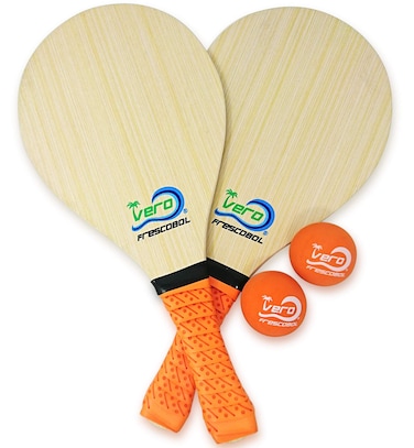Frescobol Starter Set 2 Vero Wood Paddles Premium Orange Padded Grips 2 Official Orange Balls Beach ToteBag