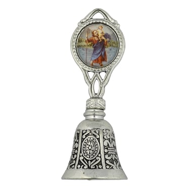 VILLAGE GIFT IMPORTERS Saint Christopher and Our Lady of Lourdes Bell  35 Tall  Beautiful SilverTone Metal with Full Color Saint Images  Great for Catholic Bikers and Travelers