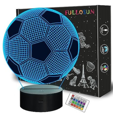 FULLOSUN Football  Kids Night Light Football 3D Optical Illusion Lamp with Remote Control 16 Colours Changing Soccer Birthday Xmas Valentines Day Gift Idea for Sport Fan Boys Girls