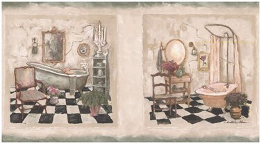 Wall Border  Vintage Bathrooms in Squares Faux Distressed Wallpaper Border Retro Design Prepasted Roll 15 ft x 7 in
