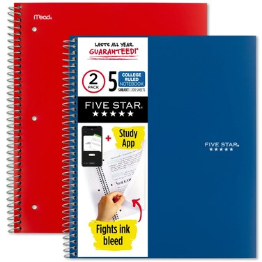 Spiral Notebooks  Study App 2 Pack 5 Subject College Ruled Paper 200 Sheets 216 cm x 279 cm Pacific Blue  Fire Red 38459