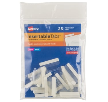 Avery Insertable SelfAdhesive Tabs with Printable Inserts 1 Permanent Adhesive Clear Pack of 25 Index Tabs 16221