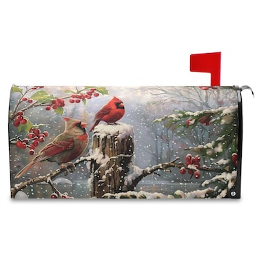 Wamika Winter Cardinal Birds Mailbox Cover Holly Berry Branches Snow Mailbox Covers Magnetic Mailbox Wraps Post Letter Box Cover Garden Home Christmas Decorations Standard Size 18 X 21
