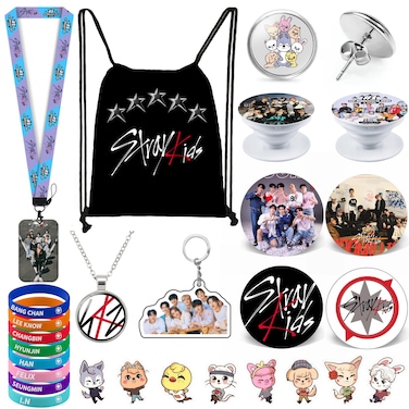 eTel Like Stray Kids Gifts Set Including Drawstring Bag Backpack Necklace Earrings Bracelets Button Pins Lanyard ID Holder Keychain Phone Ring Holder Cartoon Badge