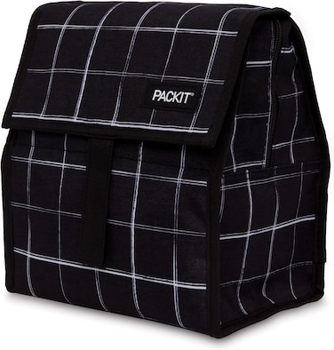 PackIt Freezable Lunch Bag Black Grid Built with EcoFreeze Technology Foldable Reusable Zip and Velcro Closure with Buckle Handle Perfect for Lunches Large