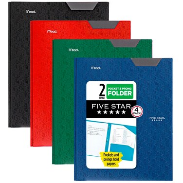 Five Star 2 Pocket Folders with Prong Fasteners StayPut Folder Folders with Pockets Plastic Black Red Green Blue 4 Pack 38064
