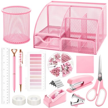Fayoo 11 Pcs Pink Office Supplies Set Mesh Desk Organizer Accessories Kit Include Stapler Tape Dispenser Staple Remover Clips Ruler Scissors Sticky Notes for Office School Home Women Pink