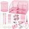 Fayoo 11 Pcs Pink Office Supplies Set Mesh Desk Organizer Accessories Kit Include Stapler Tape Dispenser Staple Remover Clips Ruler Scissors Sticky Notes for Office School Home Women Pink