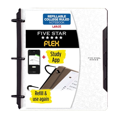 Five Star Flex Refillable Notebook  Study App College Ruled Paper 25 cm TechLock Rings Pockets Tabs and Dividers 200 Sheet Capacity White 29328AE2