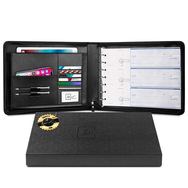 Inkline 7 Ring Check Binder Portfolio Professional PU Leather Binder with Zippered Closure 500 Check Capacity 9x13 Inch Sheets Document Organizer  Business Card Holder Large Tablet Pocket 80001