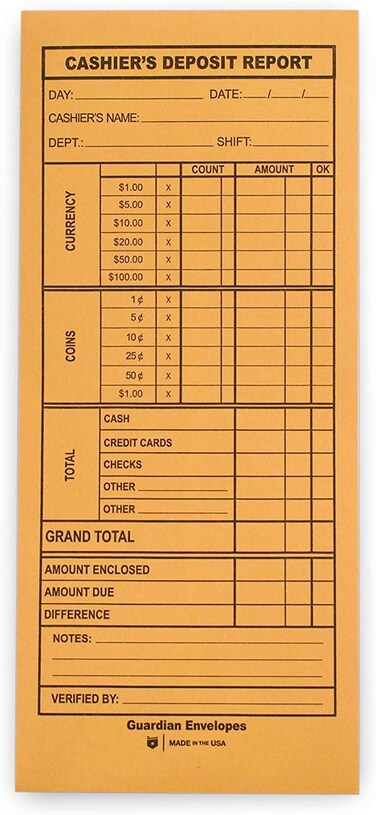 Guardian Cashier Deposit Report Envelopes with Gummed Flaps Pack of 100 Cash Drop Envelopes  Cash Register for Small Businesses  Cashier Register for Retailers  Restaurants  Brown Kraft Envelopes