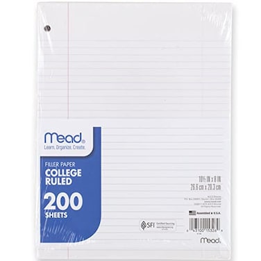 Mead Loose Leaf Paper Notebook Paper College Ruled Filler Paper Standard 8 x 105 200 Sheets 15326 White