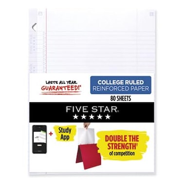 Five Star Loose Leaf Paper  Study App Notebook Paper College Ruled Filler Paper Reinforced Fights Ink Bleed 85 x 11 80 Sheets 170102White