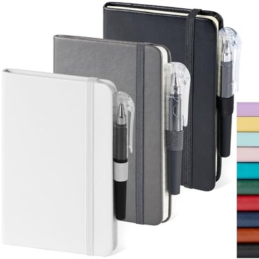 NIRMIRO Small Notebook Pocket Size Journal 37 x 57 3 Pack White Grey Black 408 Pages A6 Mini Notepad with Pen Small Leather Note Book 100GSM Lined paper Hardcover