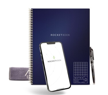 Rocketbook Matrix Smart Reusable Graph Notebook  Ecofriendly Digitally Connected Isometric Notebook  Mdinight Blue Letter Size 85 x 11 with Pen Cloth and App Included