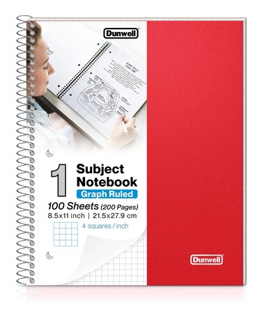 Dunwell Graph Ruled Notebook 4x4 Red Plastic Cover 100 Sheets 1 Subject Graph Paper Notebook 85 x 11 14 In Grid Graphing Notebook Graph Paper Spiral Notebook Durable Poly Divider with Pockets