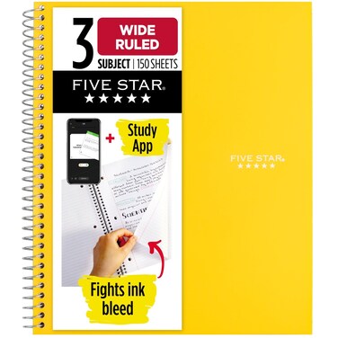 Five Star Spiral Notebook 3 Subject Wide Ruled Paper 150 Sheets 1012 x 8 Yellow 73463