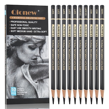 Qionew Professional Charcoal Pencils Drawing Set  10 Pieces Super Soft Soft Medium  Hard Charcoal Pencils for Drawing Sketching Shading Beginners  Artists