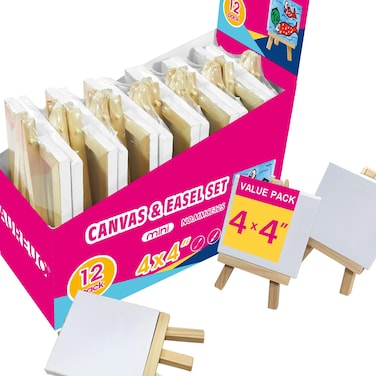 AUREUO Mini Stretched Canvas with Easel  4x4 Inch12 Pack  25 Inch Profile Mini Canvas and Easel Set Best For Kids