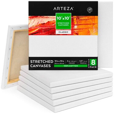 ARTEZA Canvases for Painting 10 x 10 Inches Pack of 8 Stretched Canvas 100 Cotton Primed Blank Paint Canvas Square Canvas Boards for Acrylic Oil and Gouache Painting Art Supplies for Adults