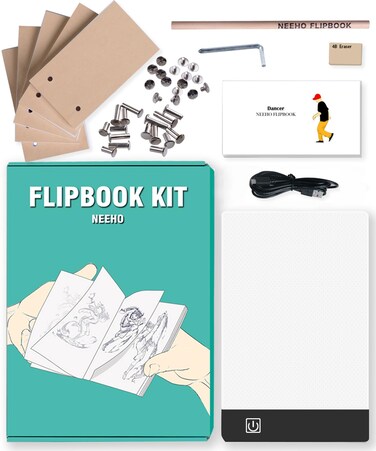 Neeho Flip Book Kit Flipbook Kit with Light Pad for Drawing and Tracing with 300 Sheets Premium Predrilled Flipbook Paper LED Lightbox for Making Animation Flipbooks with Binding Screws