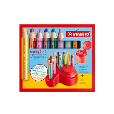 STABILO MultiTalented Pencil woody 3 in 1  Deskset of 1510 x woody 2 x woody Pastel 3 x woody duo with Replaceable Container Sharpener