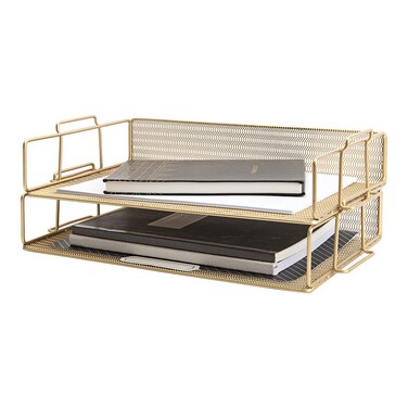 Blu Monaco Gold Desk Organizer Stackable Paper Tray Set of 2  Metal Wire Two Tier Tray  Stackable Letter Tray  Inbox Tray for Desk