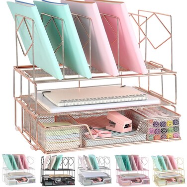 gianotter Desk Organizers and Accessories Office Supplies Desk Organizer with Sliding Drawer Double Tray and 5 Upright Section File Sorter Organizer Rose Gold