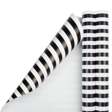 JAM Paper Gift Wrap  Striped Wrapping Paper  50 Sq Ft Total 30 in x 10 Ft Each  Black  White Stripes  2 RollsPack