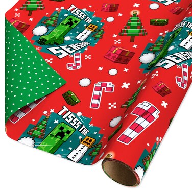 American Greetings Reversible Christmas Wrapping Paper for Kids Minecraft and Polka Dots 1 Roll 75 sq ft