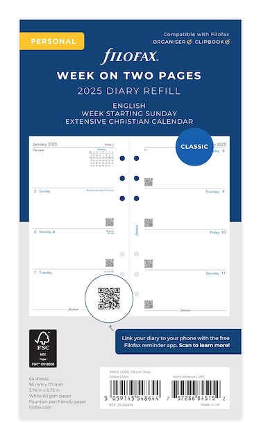 Filofax Personal Week on two pages English Sunday start 2025