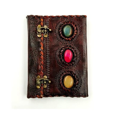 OVERDOSE 3 Stone Leather Journal With Double Brass CLock  Handmade Unlined Paper Leather Bound Journal  Sketchbook  Notebook  Drawing Journal  5 x 7 inches  12 x 17 cm  A6