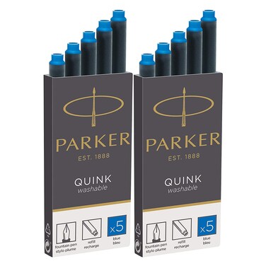 Parker Quink Washable Ink Fountain Pen Refill Cartridges 10 Blue Ink Refills 3016031PP 10 Cartridges Blue