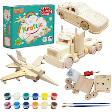 Kraftic Woodworking Building Kit for Kids with 3 DIY Carpentry Wood Toy Projects Military Jet Nascar and Tractor Trailer