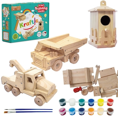 Kraftic Woodworking Building Kit for Kids and Adults with 3 Educational DIY Carpentry Construction Wood Model Kit Toy Projects for Boys and Girls  Tow Truck Birdhouse and Dump Truck