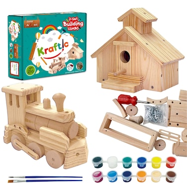 Kraftic Woodworking Building Kit for Kids and Adults 2 Educational DIY Carpentry Construction Wood Model Kit Toy Projects for Boys and Girls  Build a Wooden Town Hall Birdhouse and Train