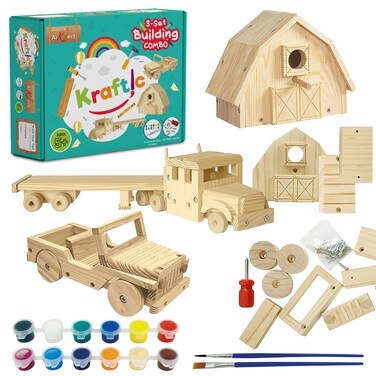 Kraftic Woodworking Building Kit for Kids and Adults Set of 3 Educational DIY Carpentry Construction Wood Model Kit Toy Projects for Boys and Girls  Jeep Flatbed and Barn