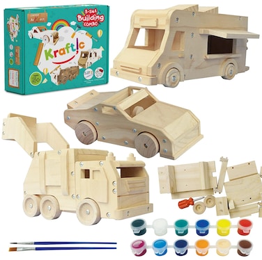 Kraftic Woodworking Building Kit  New and Updated 2020 Set  with 3 DIY Carpentry Construction Wood Model Toy Projects for Boys and Girls Food Truck Racing Car and Garbage Truck