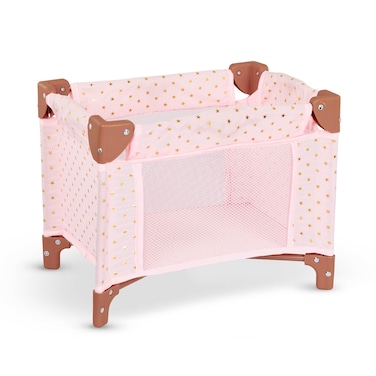 LullaBaby  Folding Playpen  Pink Baby Doll Crib  StarPrint Design  14inch Baby Doll Nursery Accessories  Toys For Kids Ages 2  Up  Baby Doll Playpen