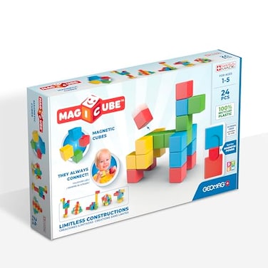 Geomag Magicube Full Color Try Me Magnetic Construction STEM Toy 100 Recycled Made in Switzerland Multicolor 24 Pcs