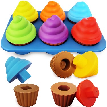 Cupcake Shape Sorting Toys Set of 6  Fun Toddler Learning toys for Ages 3  Sorter Set and Educational Pretend Play Food to Help Fine Motor Skills for Boys and Girls  Developmental Puzzles