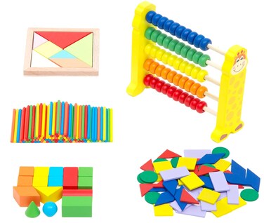 Wooden Abacus for Kids Math Manipulatives 1st grade 2nd grade 3rd Grade with Counting Sticks 3D Geometric Shapes Wooden Pattern Blocks Wooden Tangram Math Teaching Tools Homeschool Supplies