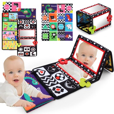 Tummy Time Floor Mirror with Crinkle Cloth Book and Teethers Doublesided Baby Mirror Black and White High Contrast Baby Toys Folding Crawling Activity Mat for Infants 3 6 12 Months BMirrorBook