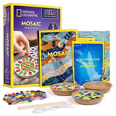NATIONAL GEOGRAPHIC Kids Arts and Crafts Kit  Includes Glass Tiles Templates and More for Creating Mosaic Art Projects