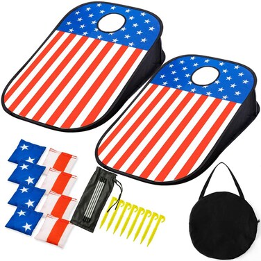 sinzedor Portable Board Set with Carrying Case and 8 Bean Bags for Indoor and Outdoor Use American Flag Theme 3 x 2 Feet Red White Blue TGUSA1
