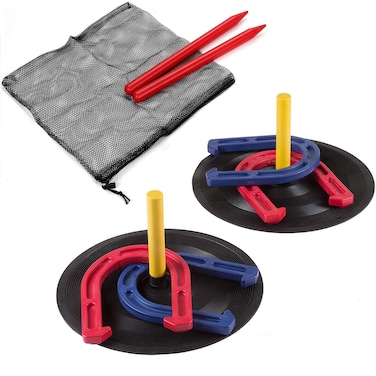 WIn SPORTS Outdoor Indoor Rubber Horseshoes Set Includes 4 Horseshoes2 Pegs2 Rubber Mats2 Red Plastic dowelsBeach Games Perfect for TailgatingCampingBackyardFun for Kids Adults